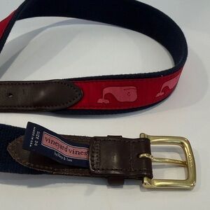 Vineyard Vines Men's Red and Brown Belt with Gold Buckle and Signature Whale